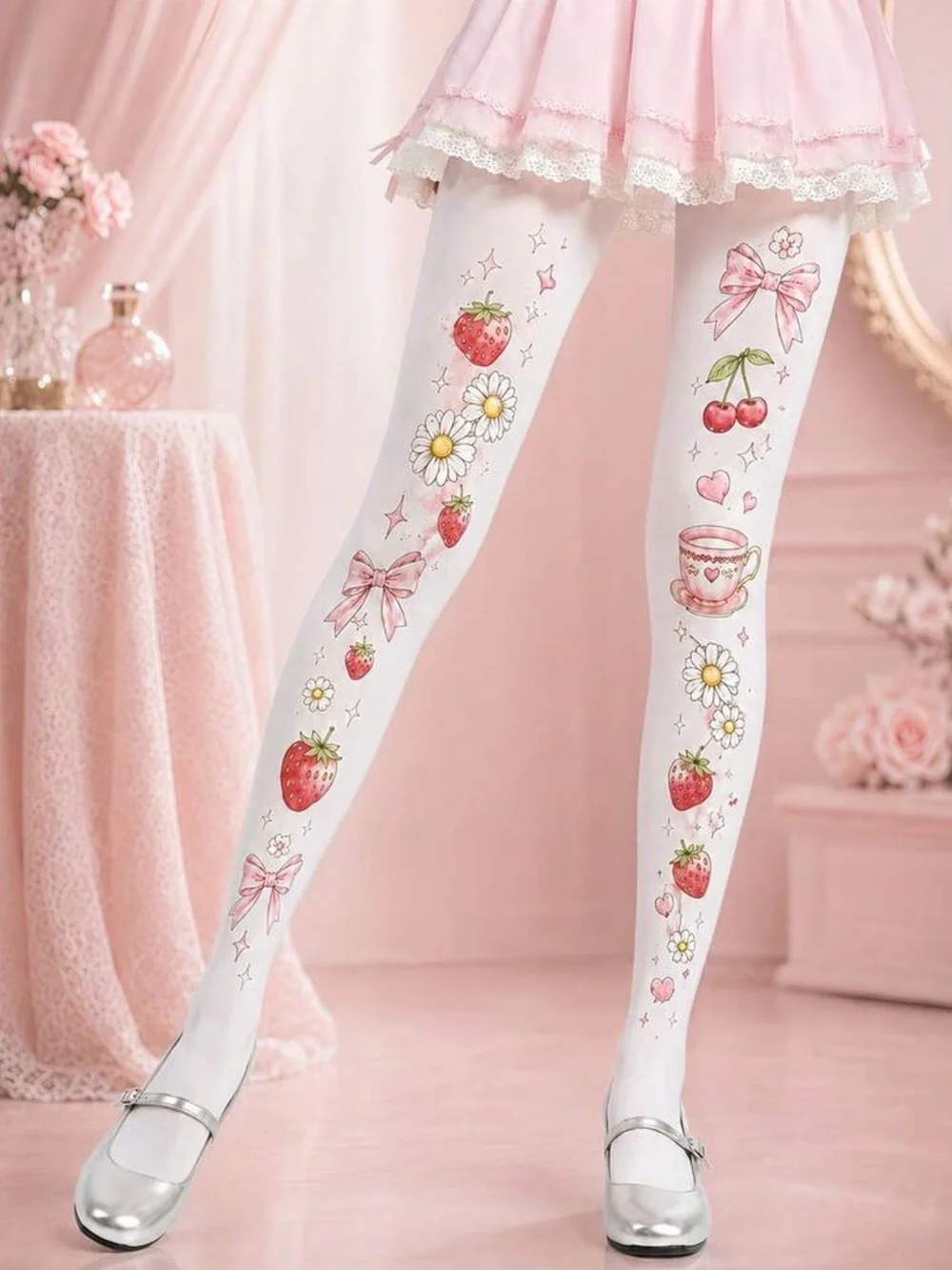 Sweet Strawberry & Cherry Print Woman’s Tights - White